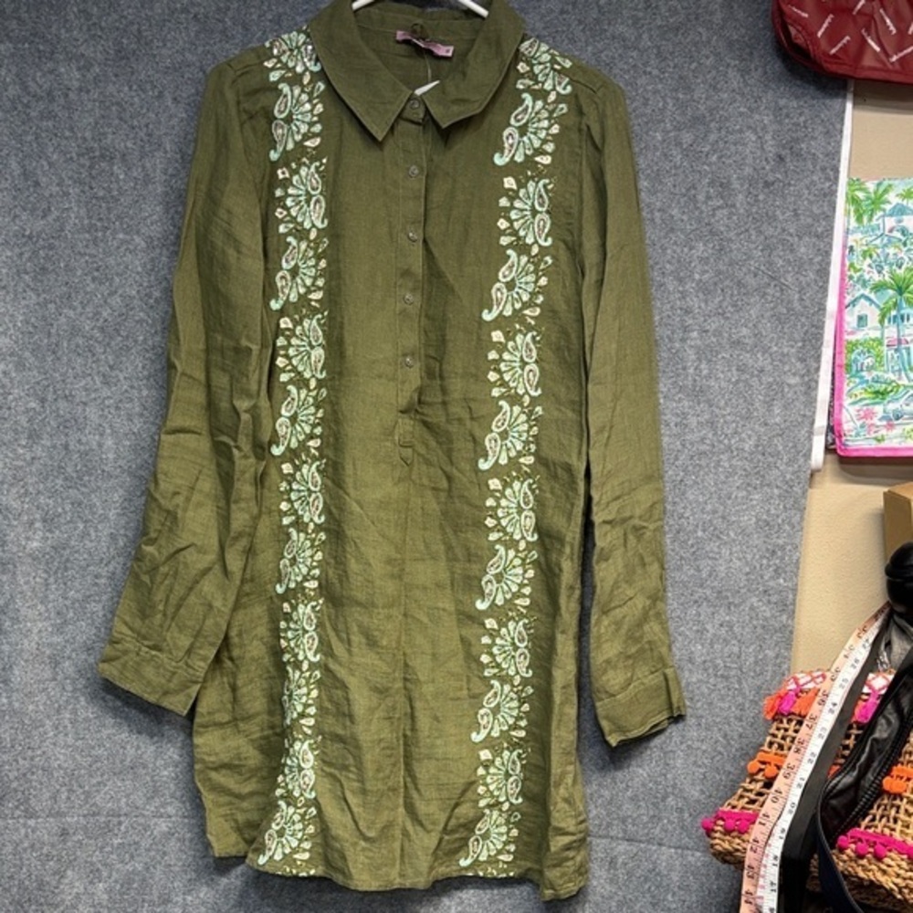 Calypso St. Barth Olive Green Linen embroidered and beaded collard dress M